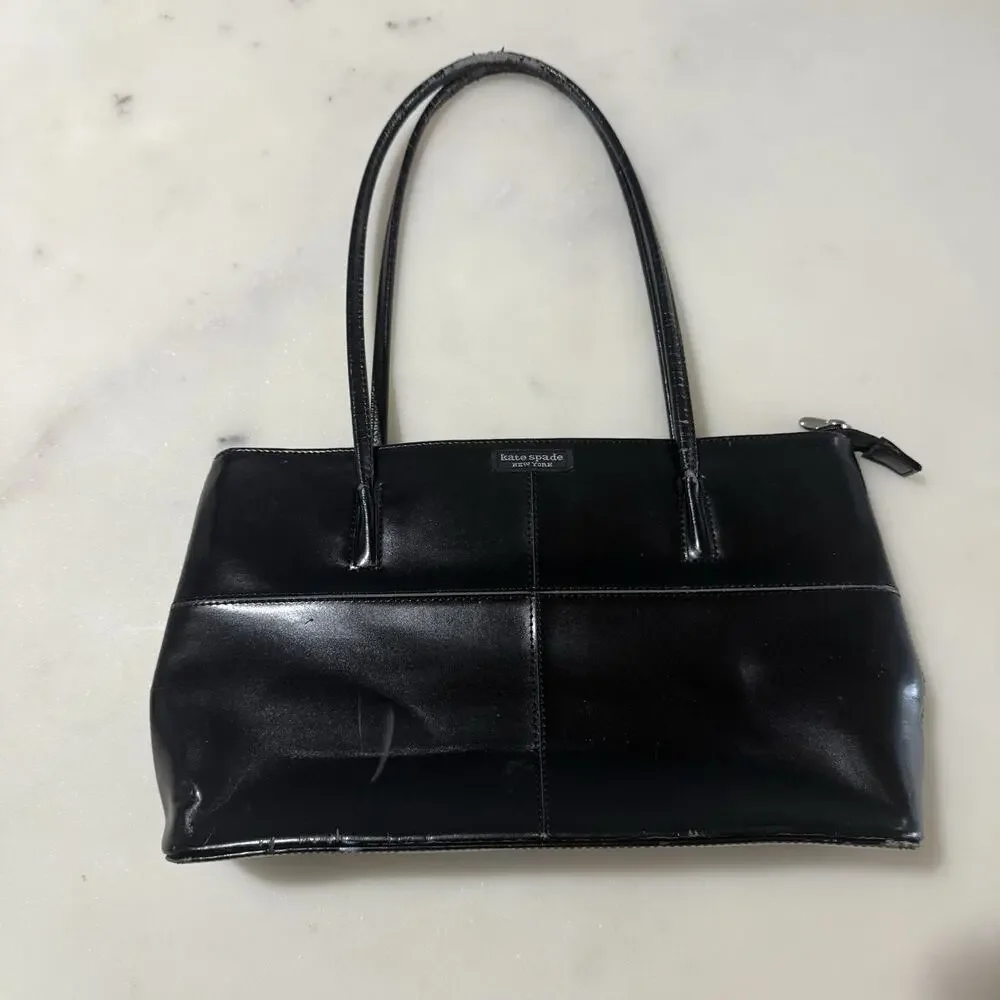 Kate Spade Black Satchel Shoulder Bag Structured Logo Plague Zip Top Chic